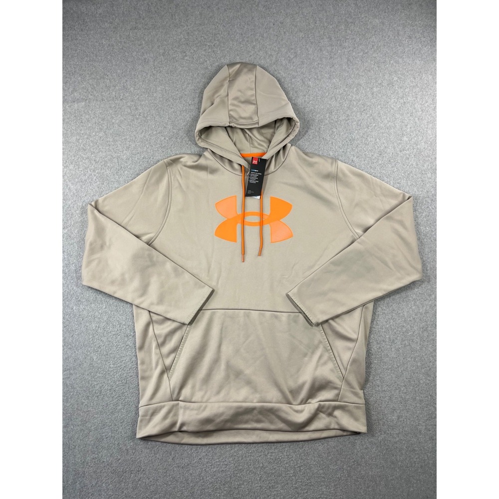 Under Armour Big Logo Hoodie Mens 2XL Tan Loose Fit Coldgear Fleece Sweatshirt